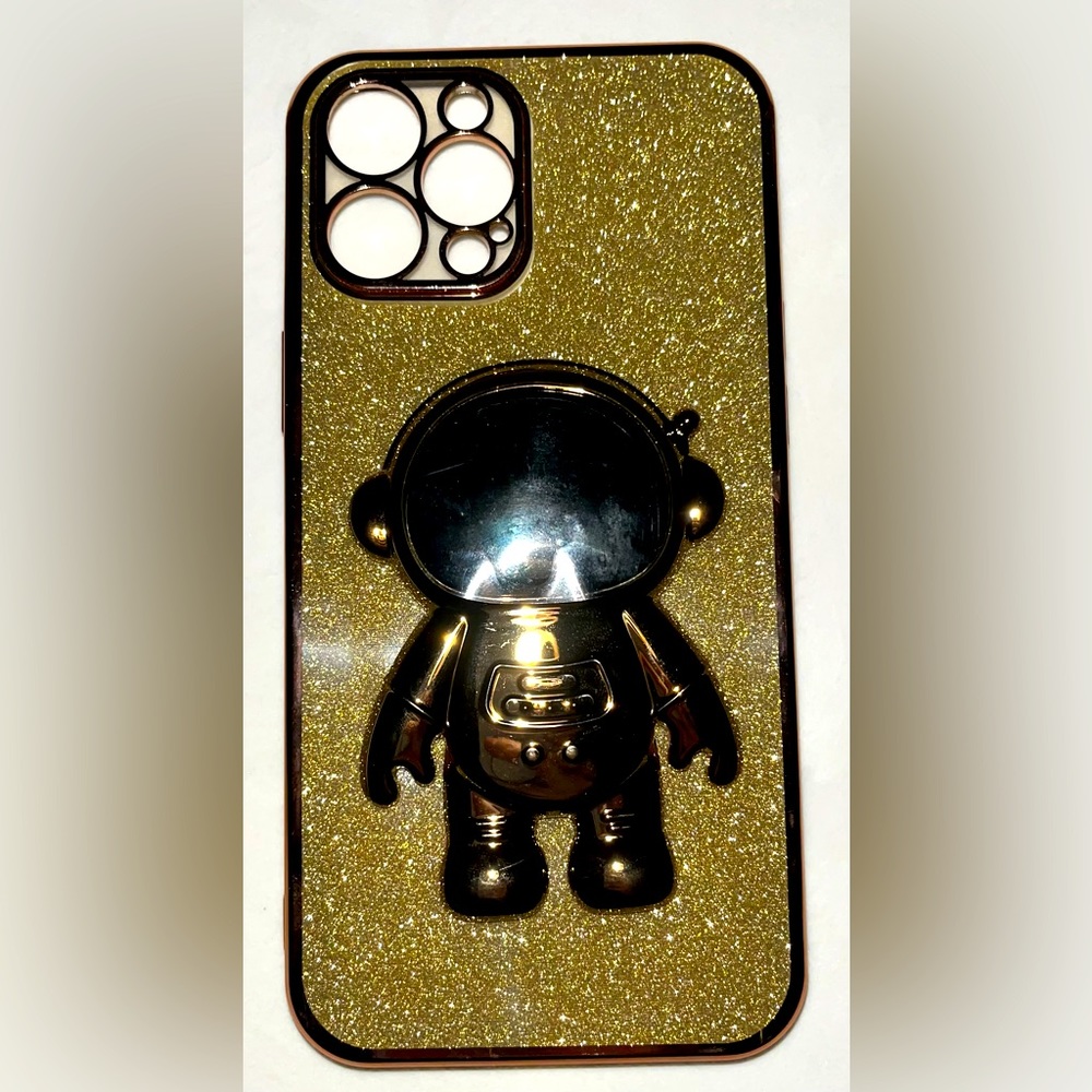 iPhone 12 ProMax Soft Gold Glitter Phone Case with Astronaut Holder NWT